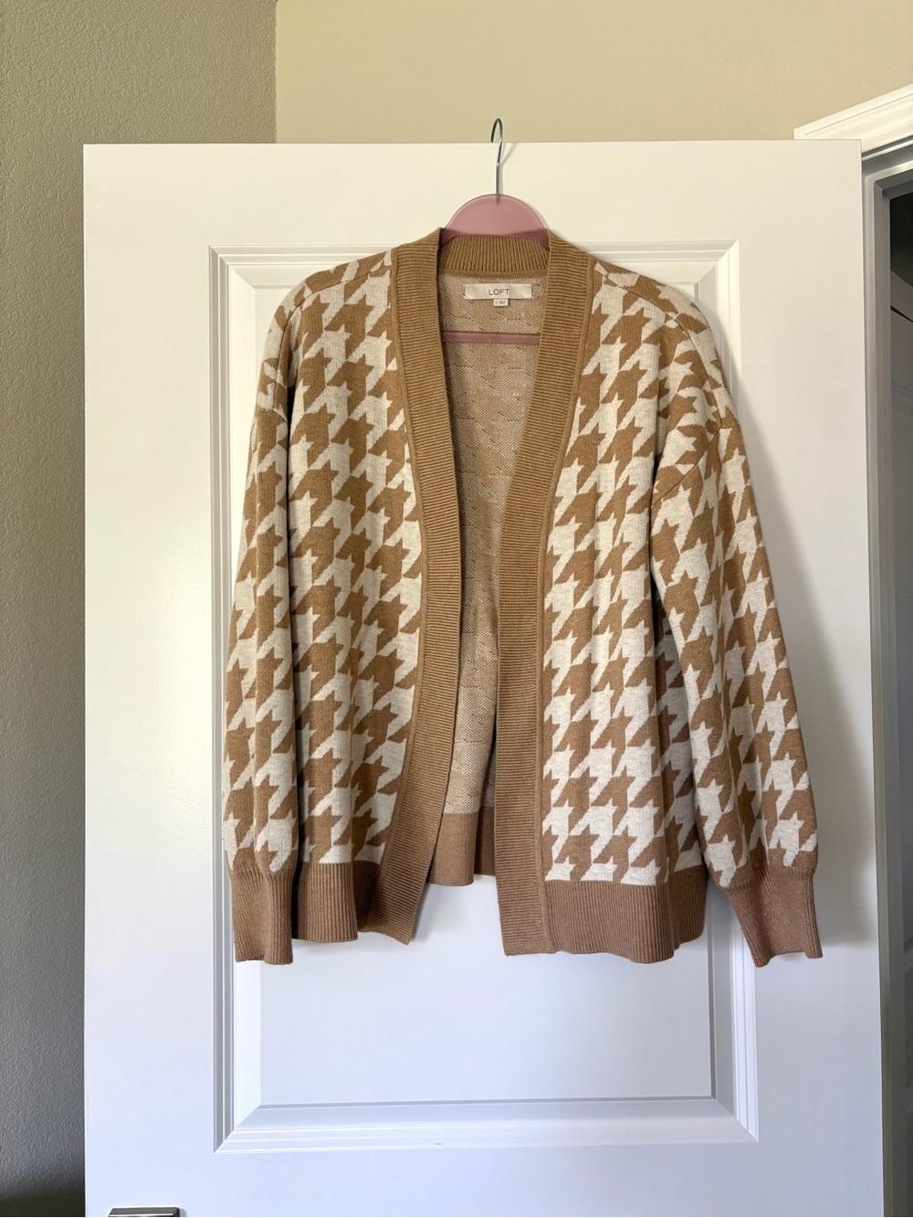LOFT Houndstooth Cardigan Beige Cream Open Front Sweater Size L